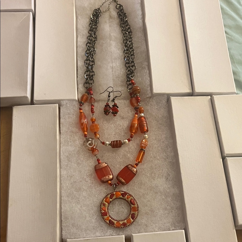 Handcrafted Orange Bead Pendant Necklace with Matching Earrings